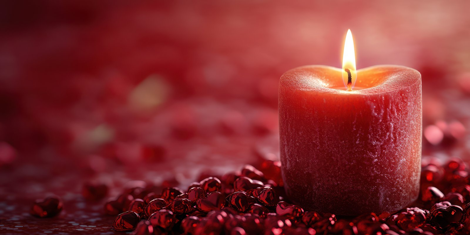 Warm red candle surrounded by shiny heart-shaped decorations creates a romantic atmosphere for special occasions